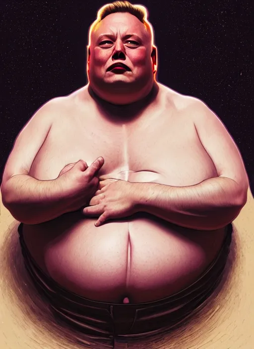 Image similar to obese elon musk as vladimir harkonnen, dune, portrait, intricate, elegant, highly detailed, digital painting, artstation, concept art, wallpaper, smooth, sharp focus, illustration, art by h. r. giger and artgerm and greg rutkowski and alphonse mucha