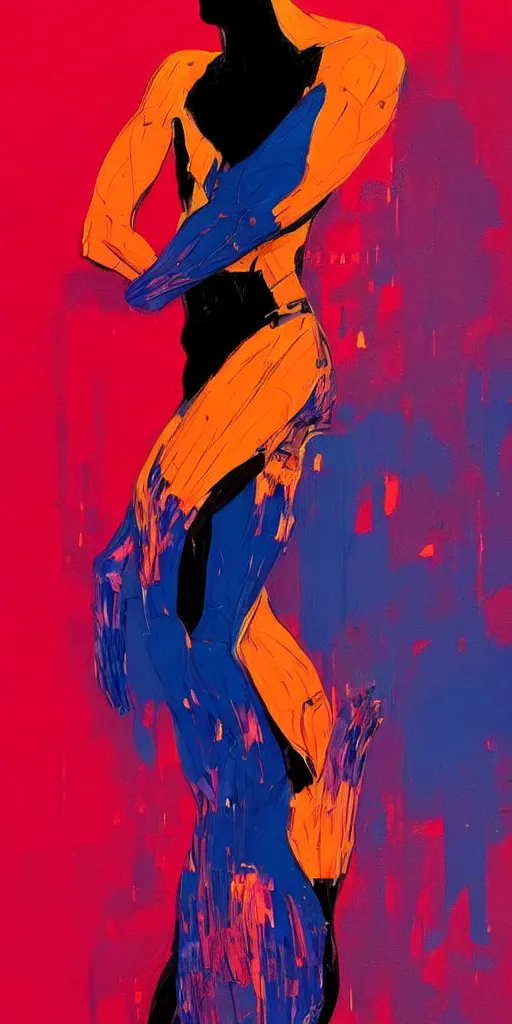 Prompt: abstract flowing brush strokes, stylized, torso of one!!! athletic man posing dramatically with no face in the center of the frame, by conrad roset, dark background, painting trending on artstation