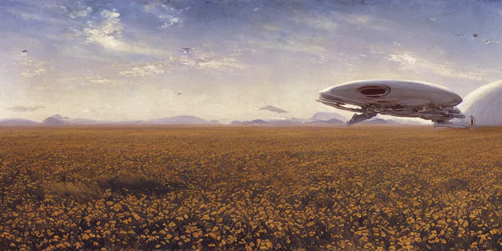 Image similar to Fernand Khnopff super technologies white giant spaceship starship battlestar airship superstructure deck, landed laying in center on tansy wormwood field, mountains afar by Fernand Khnopff by john berkey, oil painting, concept art, interstellar movie