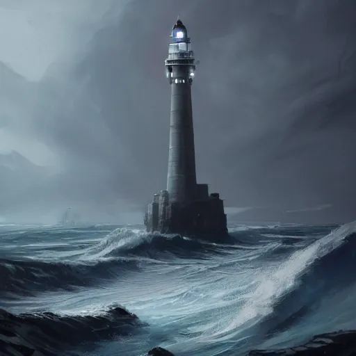 Image similar to star wars concept art by greg rutkowski, a brutalist giant tower in the shape of a lighthouse in the middle of a raging and stormy ocean, lightning storm and gale force winds, dark environment, dramatic atmosphere, artstation hq.