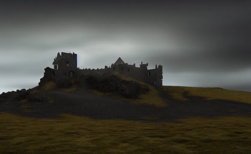 Prompt: wide angle shot of an old castle on an icelandic hill with moody and cinematic lighting by greg ruthkowski and craig mullins and caspar david friedrich, cinematic and atmospheric, concept art, artstation, trending on artstation