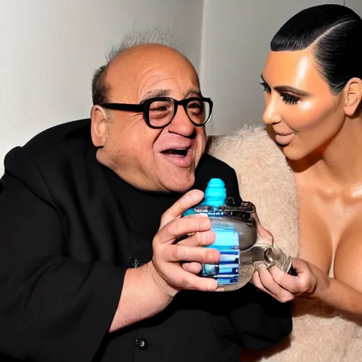 Prompt: kim kardashian feeding danny devito with a baby bottle as he's being held warmly award winning motherly photography