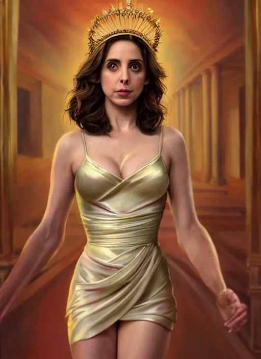 Image similar to Greek goddess Alison Brie in her best gala clothes staring in amusement at you. soft detailed painting at 16K resolution and amazingly epic visuals. epically beautiful image. amazing effect, image looks gorgeously crisp as far as it's visual fidelity goes, absolutely outstanding. vivid clarity. ultra detail. iridescent. mind-breaking. mega-beautiful pencil shadowing. beautiful face. Ultra High Definition. soft shading. soft texture. intensely beautiful.