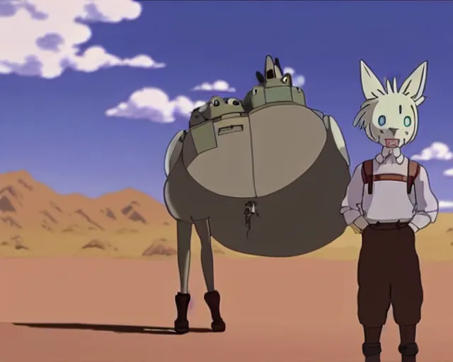 Image similar to a cell shaded cartoon grey six legged mechanic wolf from howl's moving castle ( 2 0 0 4 ), with a big head, on a desert road, wide shot, studio ghibli, hq