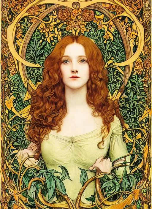 Prompt: masterpiece beautiful seductive flowing curves pose preraphaelite portrait photography, extreme close up, straight bangs, thick set, yellow ochre ornate medieval dress, mushroom forest arch, amongst foliage, william morris and kilian eng and mucha, framed, 4 k