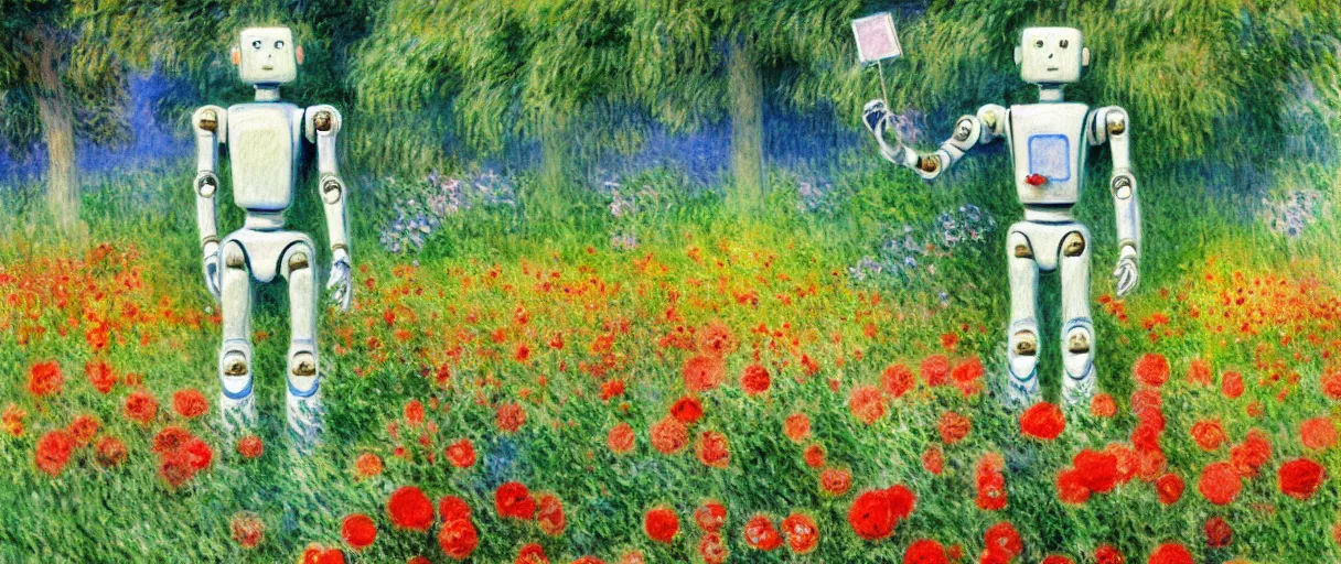 Image similar to a robot standing on flower garden looking small with many kinds flower arround him, watercolor art, 1 8 8 0 s, calude monet style, colorfule, hd, uhd