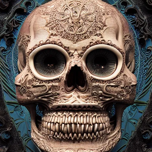 Prompt: a highly detailed photographic render of intricately carved sugar skull, intricate ornament, gilding, horror, dark fantasy, beautifully lit, ray traced, octane 3D render in the style of Gerald Brom and James Gurney