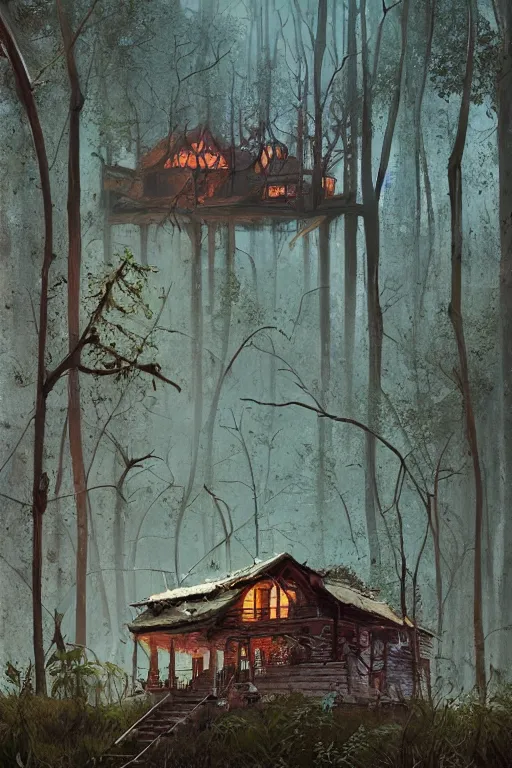 Image similar to an abandoned and overgrown ramshackle multistory hut in the woods, intricate, elegant, fantasy, highly detailed, digital painting, concept art, sharp focus, illustration, artstation, art by Simon Stålenhag