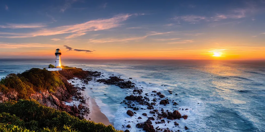 Image similar to sunrise over Byron Bay lighthouse, cinematic lighting, wide angle landscape photography, hyperrealistic, 8k