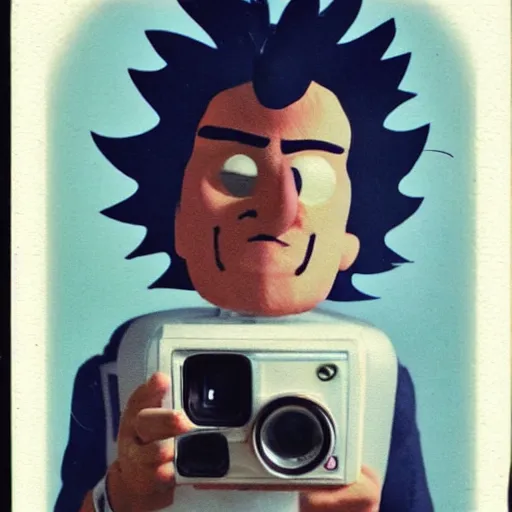 Image similar to old polaroid of a realistic rick sanchez holding his portal gun