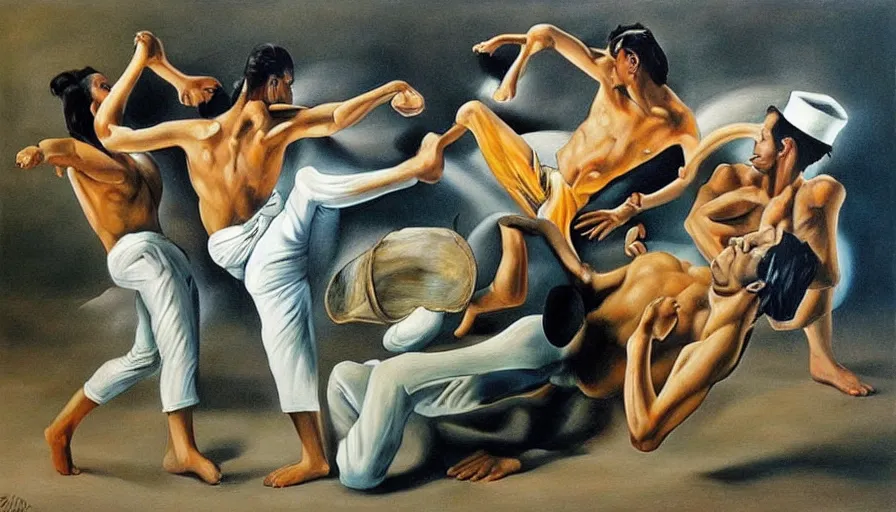 Image similar to capoeira, hyper realistic painting by salvador dali