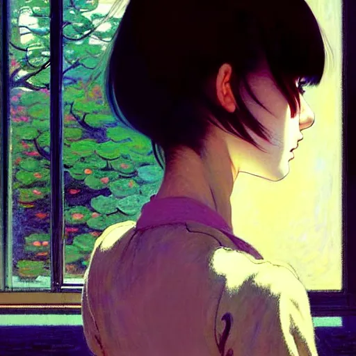 Image similar to a beautiful youth teenage depressed ocd psychotic loner girl in school struggling with morbid thoughts, angry eyes, soft skin, magnificent art by ilya kuvshinov, monet, range murata, artgerm, katsuhiro otomo, norman rockwell, highly detailed intricately sharp focus, bedroom eyes trending on pinterest vogue italia 3 5 mm, 4 k uhd image