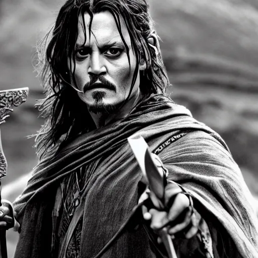 Image similar to symmetry!! photography of johnny depp starring in the lord of the rings as aragorn wielding a sword, detailed - face!!, full - body - picture, wide - angle!!, cinematic, intricate, elegant, highly detailed, film still, nikon, canon eos, zeiss lens, dramatic lighting, sharp - focus!!, photography!!