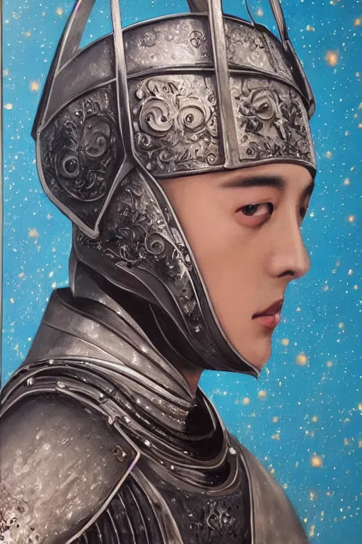 Image similar to hyperrealism oil painting, close - up portrait of medieval fashion model, knight, steel gradient mixed with nebula sky, in style of baroque mixed with 7 0 s japan book art