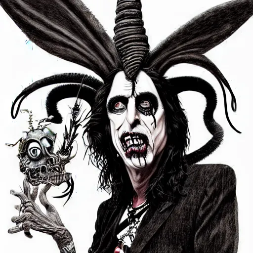 Image similar to graphic illustration, creative design, alice cooper as baphomet, biopunk, francis bacon, highly detailed, hunter s thompson, concept art