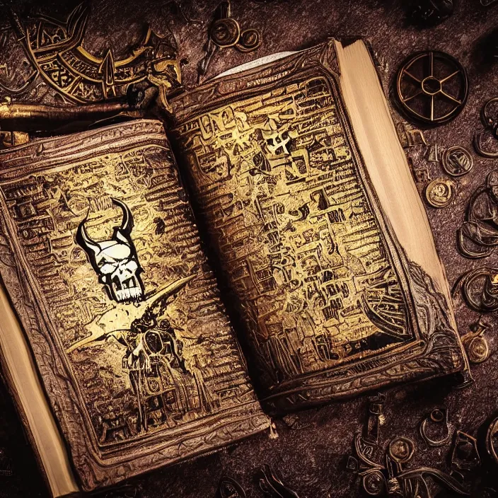 Prompt: scene is ancient dimly lit fantasy punisher library. open punisher leather bound book laying open to a page with many symbols and runes and symbols featuring one gold inlay punisher symbol. background light rays in dust