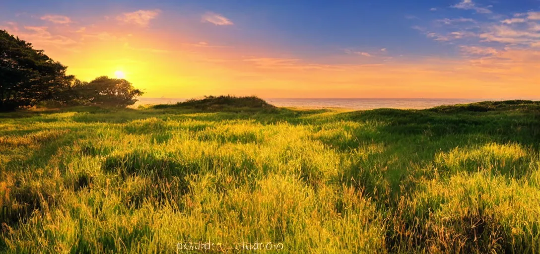 Prompt: countryside next to the ocean during golden hour by studio ghibli, peaceful, serene, blissful, golden hour