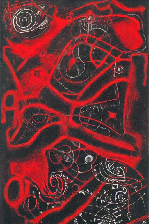 Image similar to a black and red crimson biomechanical talisman of eternal knowledge, aurora borealis, eclipse by maggi mcdonald, jackson pollock, mark rothko, sabina klein