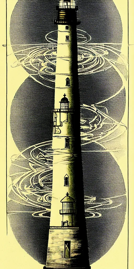 Image similar to an epic lighthouse radiates a unique canto'as above so below'while being ignited by the spirit of haeckel and robert fludd, breakthrough is iminent, glory be to the magic within, in honor of saturn, painted by ronny khalil