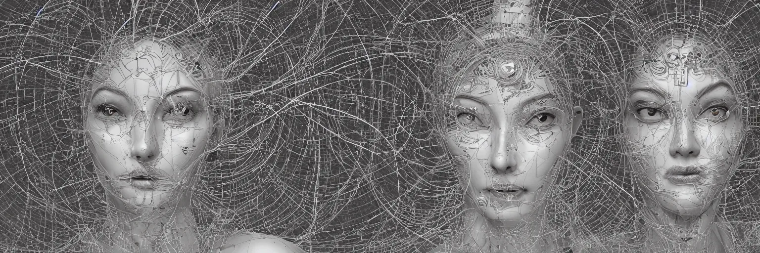 Image similar to The face of a very beautiful goddess radiating an artwork made from layers of technical drawings and architectural plans, very detailed and intricate with callout texts, leaders, arrows and bubbles by Kim Jung Gi and WLOP and Katsuhiro Otomo , hyperrealism, octane render, 8k, xparticles