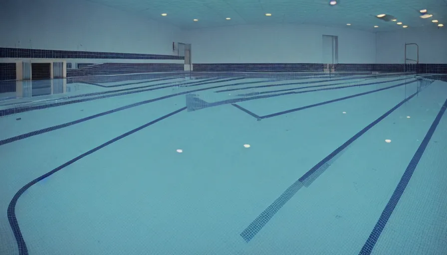 Image similar to 1 9 6 0 s movie still of empty blue tiles swimmingpool, cinestill 8 0 0 t 3 5 mm, high quality, heavy grain, high detail, panoramic, ultra wide lens, cinematic composition, dramatic light, flares, anamorphic, liminal space