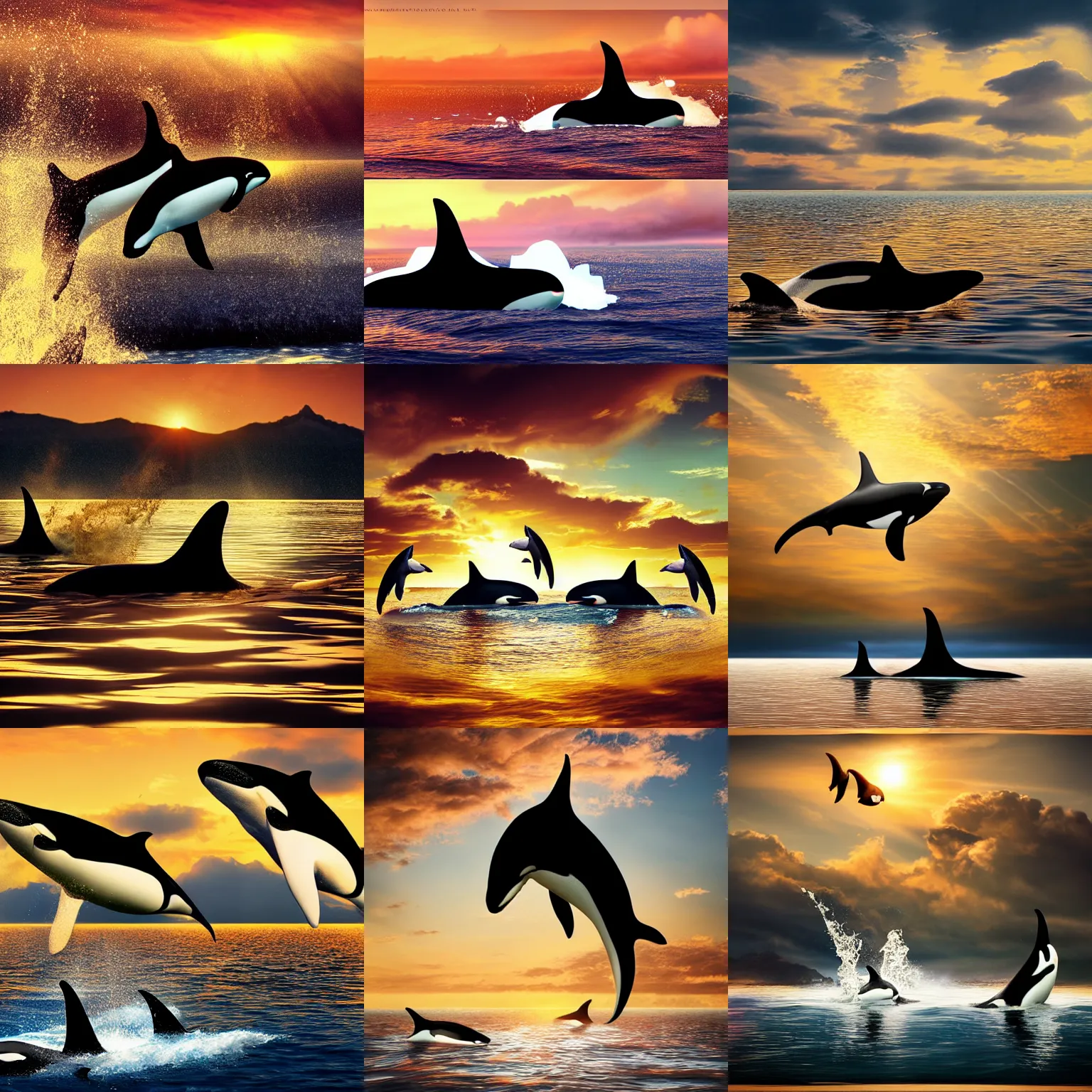 Prompt: photo manipulation, orcas swimming in clouds, golden hour, fantastical