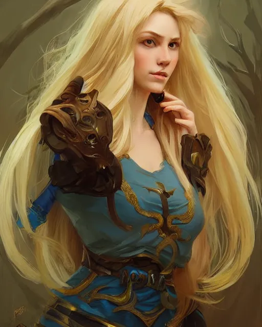 Image similar to '' Portrait of Beautiful blonde Slavic woman, league of legends, LOL, fantasy, d&d, digital painting, artstation, concept art, sharp focus, illustration, art by greg rutkowski and alphonse mucha ''