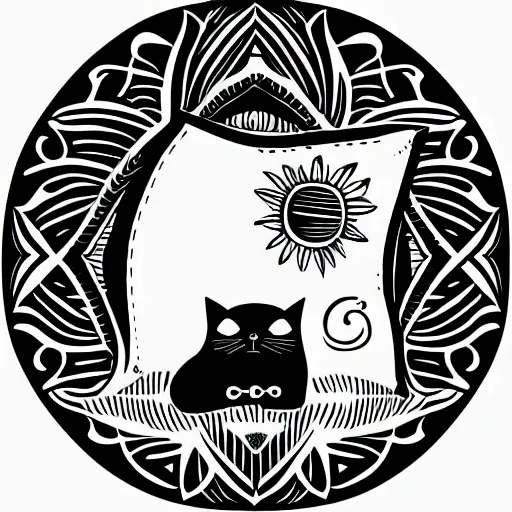 Prompt: tattoo sketch of a cat hugging the sun, on a canva, blackwork, ornamental, line art, vector,