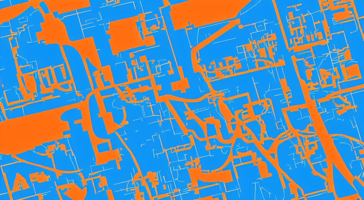 Image similar to axon drawing of las vegas, blue and orange complimentary color scheme, in style vector art style of tom whalen