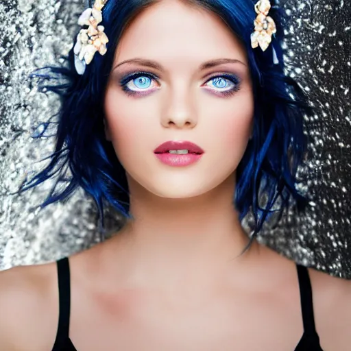 Image similar to portrait of glowing goddess with fair skin and blue eyes beautiful face with black hair