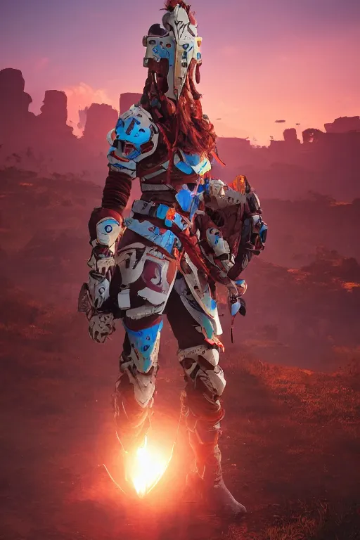 Image similar to combination suit armor aloy horizon forbidden west horizon zero dawn robot ninja mask helmet backpack tribal, aesthetic octane render, 8 k hd resolution, by ilya kuvshinov and cushart krentz and gilleard james radiating a glowing aura cgi rtx 2 0 2 2