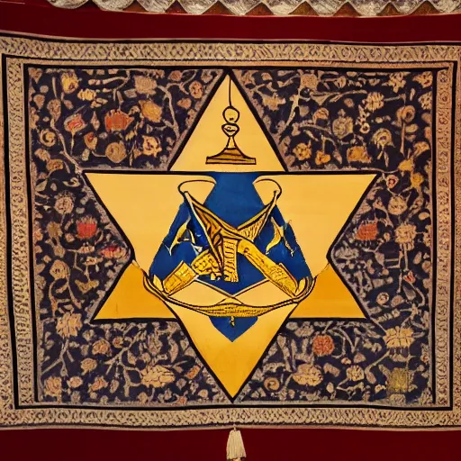 Image similar to a masonic carpet showing the symbols of the master mason, hanging in a masonic lodge