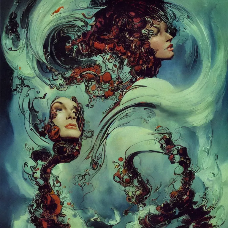 Image similar to portrait of a woman with swirling hair and fractal skin by frank frazetta, retrofuturism, psychedelic art reimagined by industrial light and magic