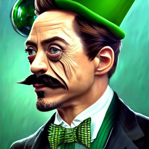 Prompt: hyper realistic portrait painting, beautifully rendered, robert downey jr. as dapper fancy luigi, moustache, wearing a green top hat, green suit and bowtie, smirking deviously, painted by greg rutkowski, wlop, artgerm, dishonored 2