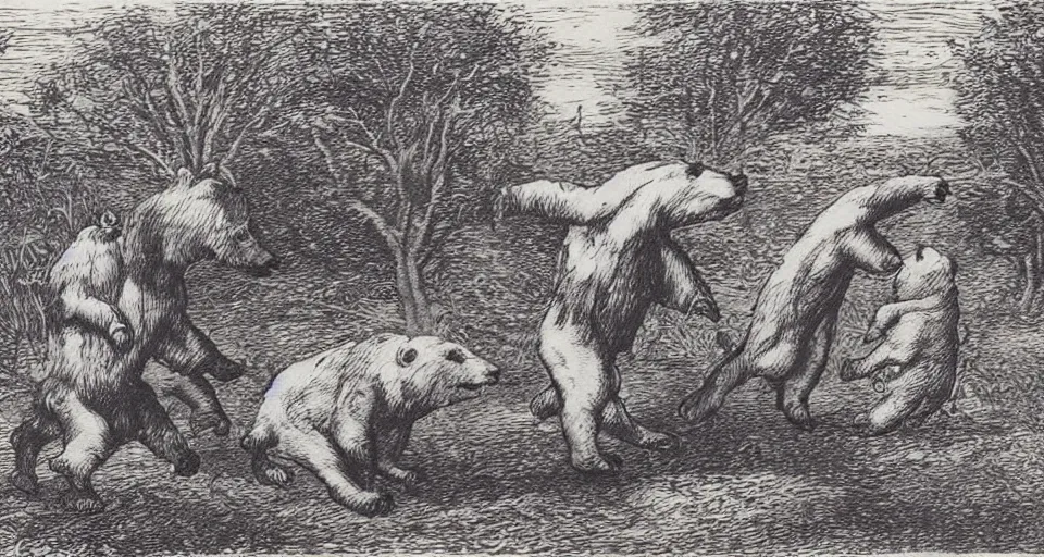 Prompt: elisha calls two bears to attack the forty youth, an etching by albert rosenthal!!!!!!!!!!!!!!!!!!!