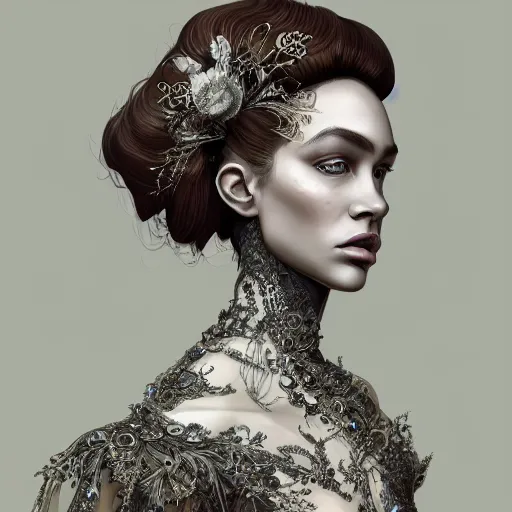 Prompt: portrait of Lindset Graham wearing beautiful haute couture by Alexander McQueen, intricate, elegant, highly detailed, digital painting, artstation, concept art, smooth, sharp focus