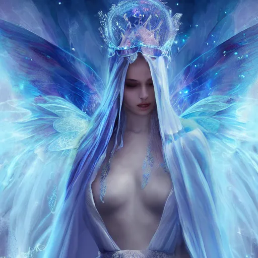 Prompt: a fairy queen with wings wearing a magic silk and lace robe with a hood, crown, pixie, realism, emerald, galaxy, sapphire,blonde hair going down to the floor, moonlit, dark fantasy, ice, icy, pale blue, dramatic lighting, cgsociety, artstation