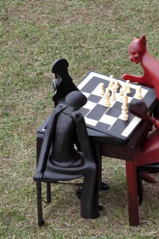 Prompt: Grim reaper and cat playing chess on a park table