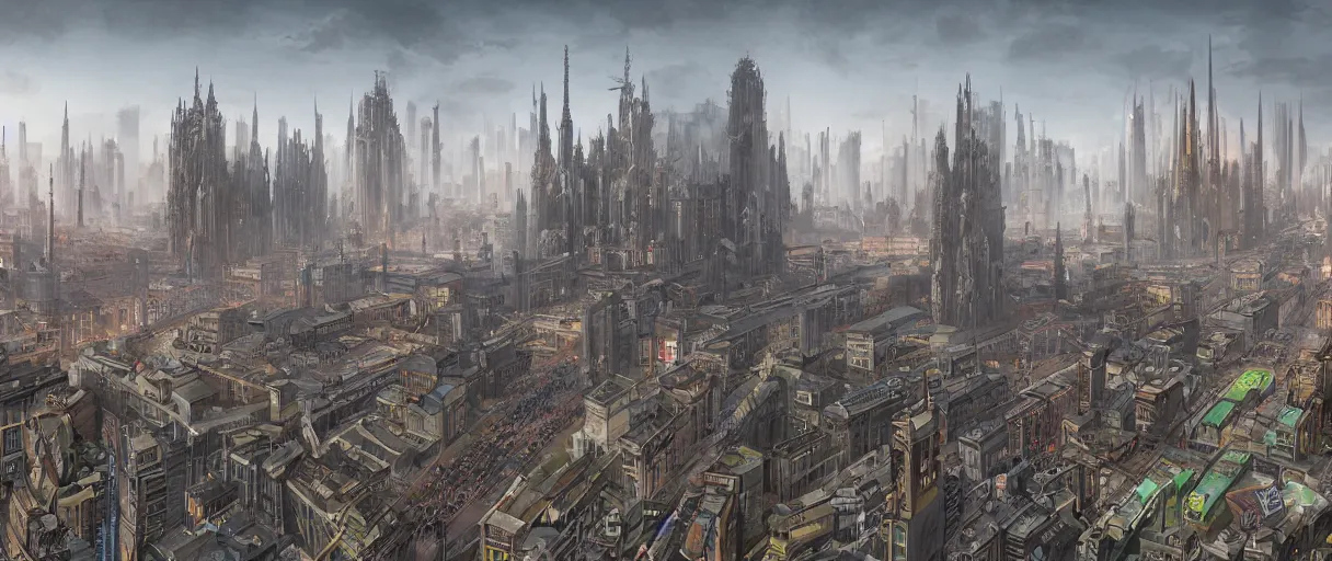 Image similar to digital concept art of dystopian, gothic berlin, high quality, high detail, in the style of Ralph McQuarrie, megacity surrounded by huge impenetrable tall walls, large hero buildings in the middle towering above the others, tram stations, metro, vivid colours, matte painting, photoshop