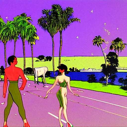 Image similar to ufo and aliens beaming up abducting cows along coast line pastures, summer night and palm trees. by patrick nagel, by norman rockwell, by virgil finlay minimalist lighting, precisionist, 1 0 0 0 0 mm. purple and green gammas.