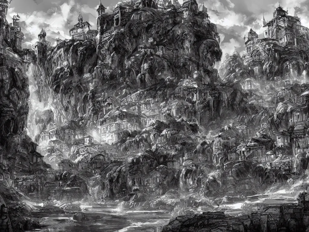 Image similar to concept art of looming crooked ancient town, artstation, ink, line art, black white, rolling hills, waterfall, river, overwhelming, extremely detailed, dominating palace with white walls on top of the hill center