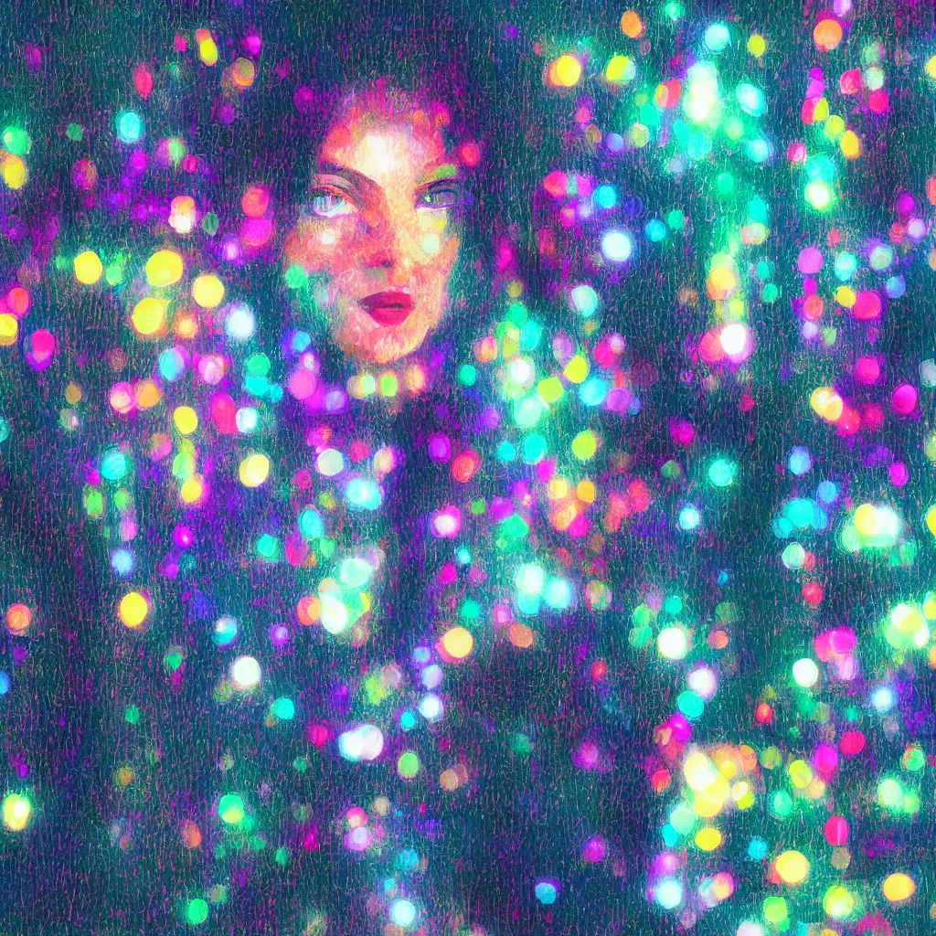 Image similar to bokeh high detail digital painting woman neon window