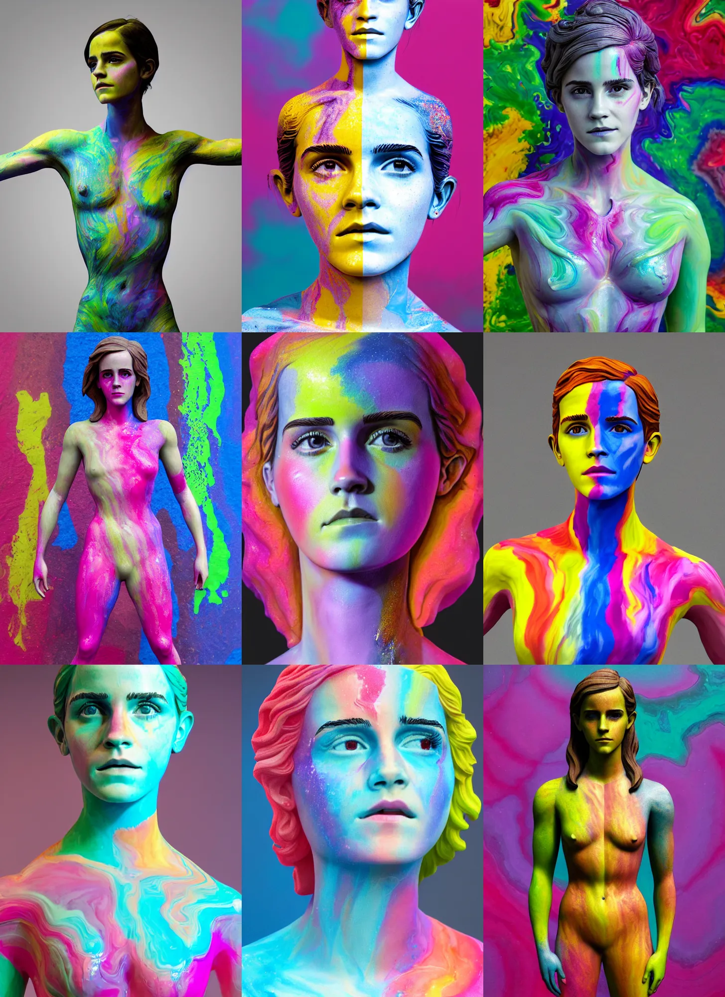 Prompt: 3D print marble sculpture of Emma Watson by Jean-Baptiste Carpeaux and Luo Li Rong and Michael James Talbot, standing pose, perfect symmetrical face, colorful, bright psychedelic colors, bodypaint, acrylic paint splashes, full length shot, elegant, realistic, 8K, female full-skin figure, hyperrealism, subsurface scattering, raytracing, soft light, Octane Render, Redshift, Zbrush