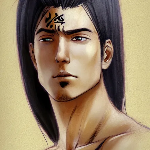 Image similar to A realistic anime portrait of a young handsome male with middle eastern skin wearing 1500 BCE clothing, wooden rod, colored, digital painting, by Frank Frazetta and Yusuke Murata, concept art, highly detailed, promotional art, HD, digital painting, trending on ArtStation, golden ratio, rule of thirds