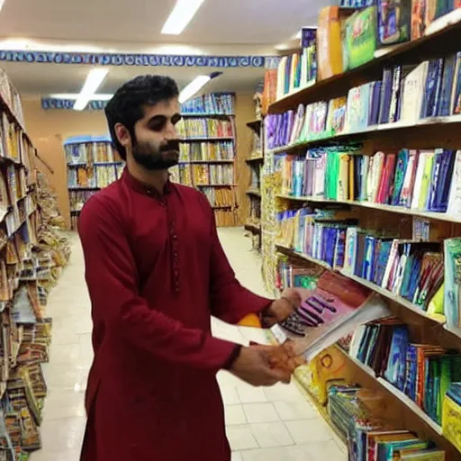 Prompt: Italian/Irish guy in kurta as a cashier in the bookstore at a Hindu ashram