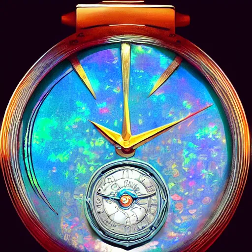 Prompt: detailed illustration of celestial watch from the far future with 3 7 descending dials and multiple glowing watch faces, mother of pearl opal blue eye, year 2 5 0 0, style of norman rockwell