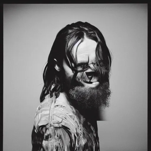 Image similar to Thom Yorke, a man with a beard and a black jacket, a portrait by John E. Berninger, dribble, neo-expressionism, uhd image, studio portrait, 1990s