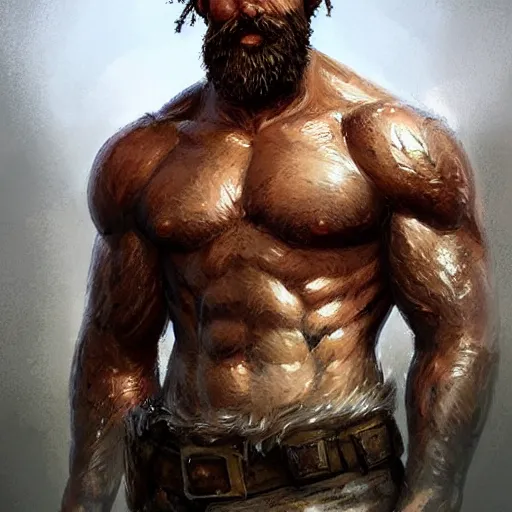Image similar to portrait of a rugged ranger, muscular, upper body, hairy torso, detaileddetaileddetailed handshandshandshands, D&D, fantasy, barebarebarebare thighsthighsthighs intricate, elegant, highly detailed, digital painting, artstation, concept art, smooth, sharp focus, illustration, art by wlop