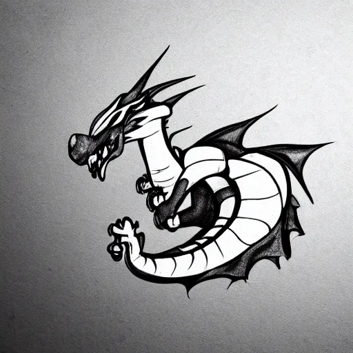 Prompt: an image on a white background of a very cute small dragon with well-designed head, logo, ink