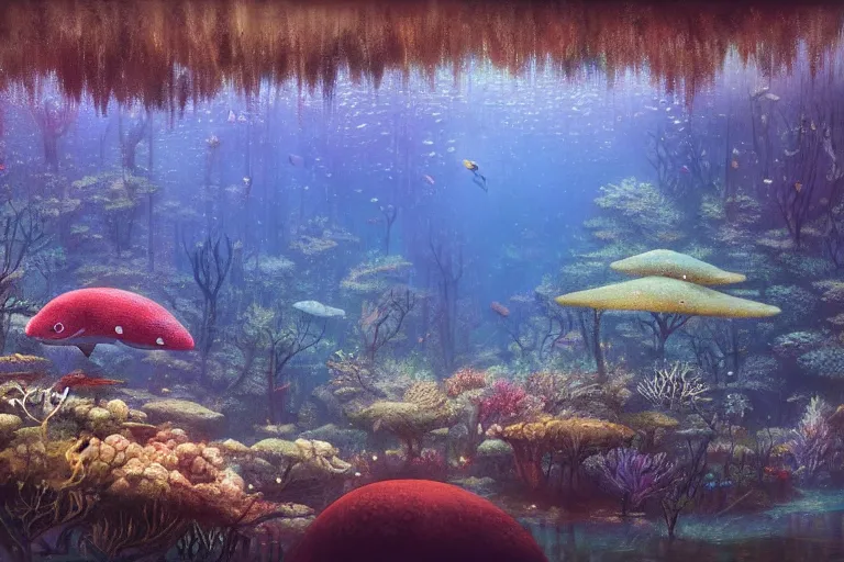 Image similar to Underwater forest ecosystem by Shaun Tan and Hiroshi Yoshida, trending on artstation